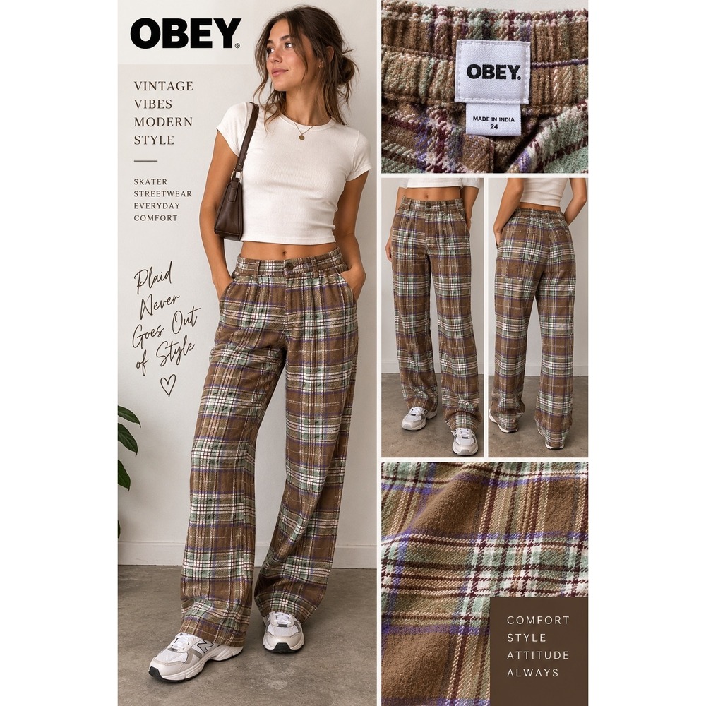 OBEY Womens 24 Brown Plaid Flannel Pants High Rise Wide Leg Skater Y2K Trousers